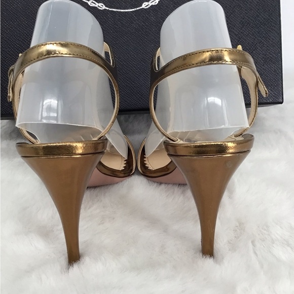 Prada Capretto Jeweled Open Toe Heel Lame Bronze Luxury Designer Size 37EU - Picture 4 of 11